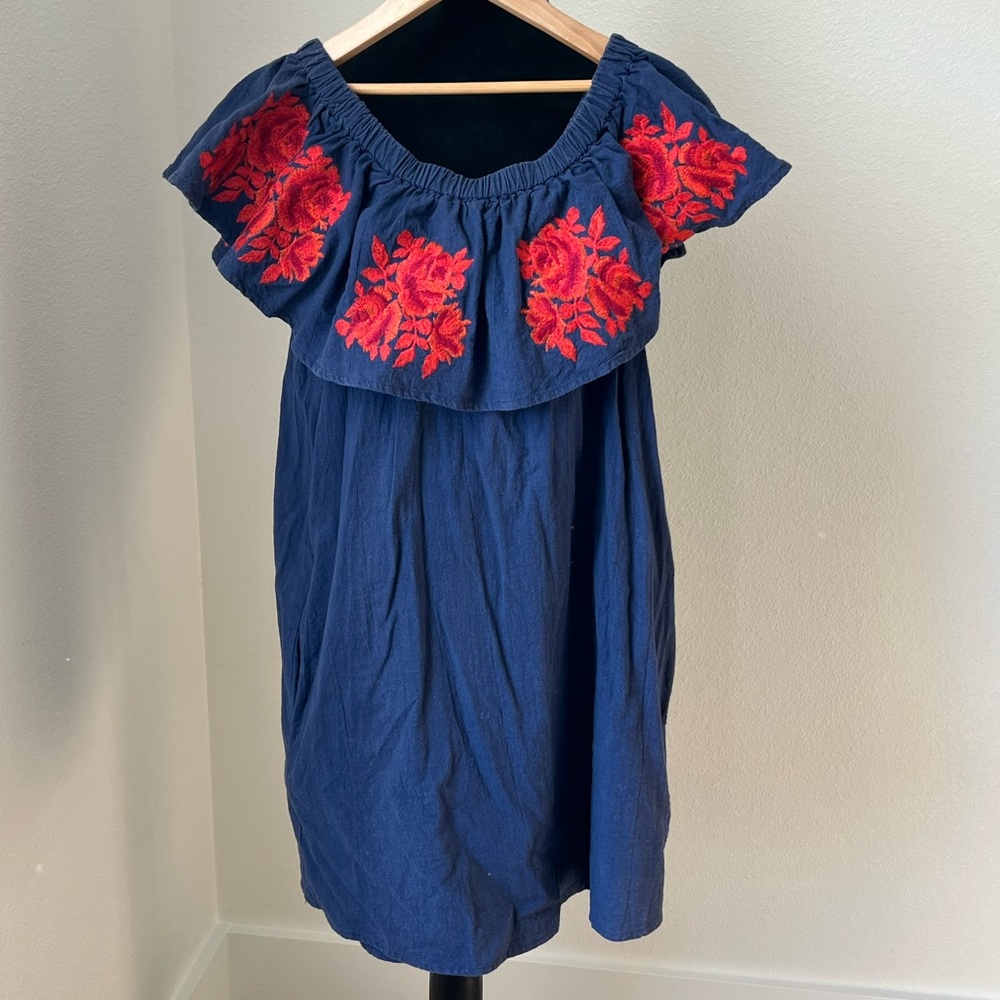 Umgee Off Shoulder Navy Dress Red Rose Embroidery W/ Pockets Size S